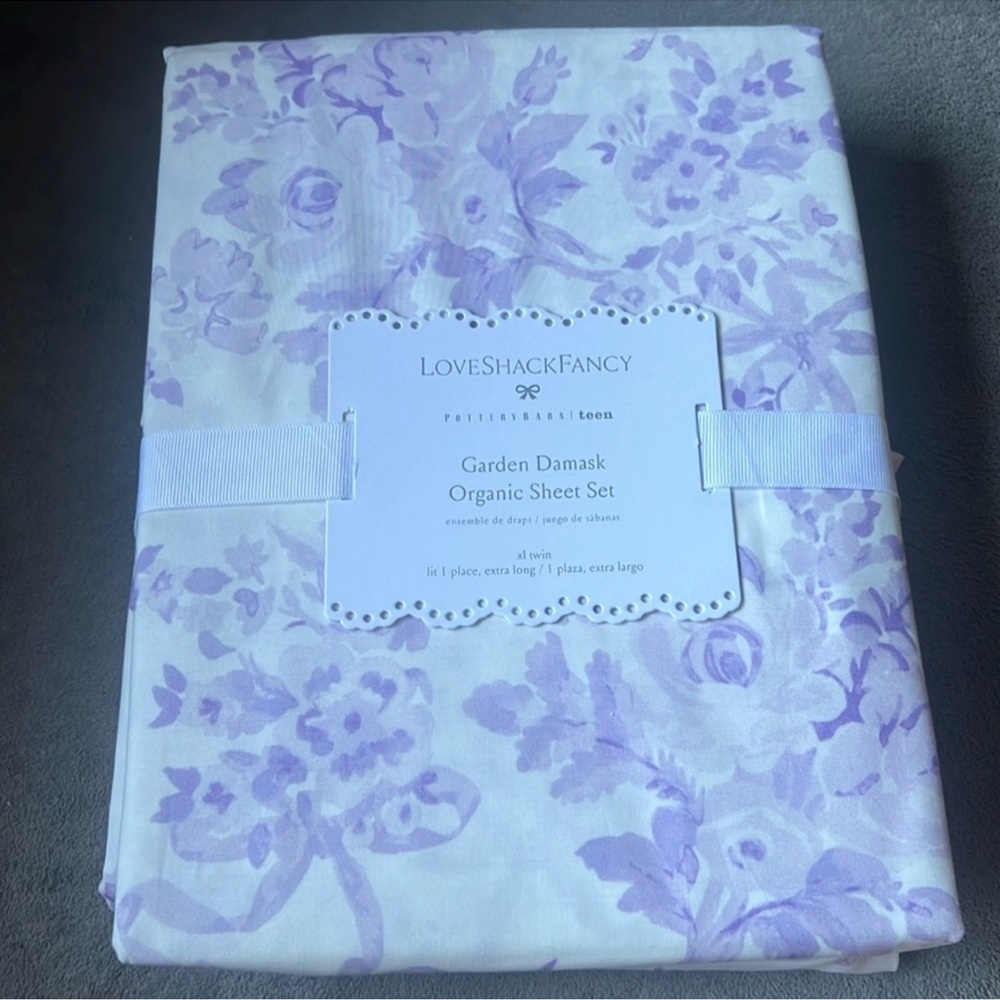 Pottery Barn LoveShackFancy Garden Damask Lavender Purple Sheet Set NEW - Picture 3 of 3